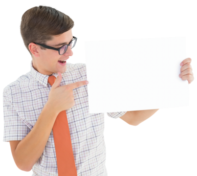 Geeky hipster smiling and showing card