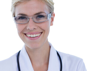 Fototapeta premium Close up view of happy female doctor looking at camera