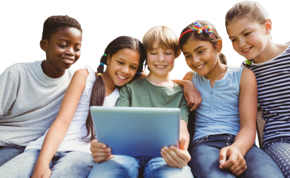 Happy children using digital tablet at park