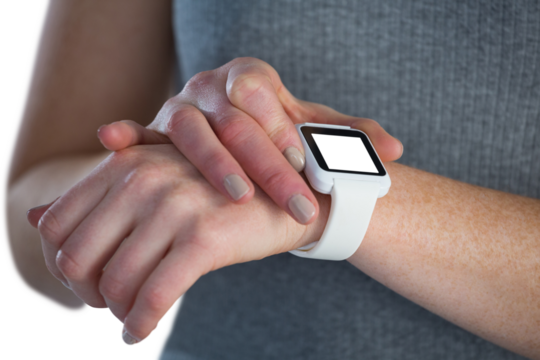 Close up of businesswoman adjusting smart watch