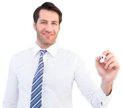 Smiling businessman writing with black marker