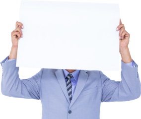  Portrait of a businessman hiding his face behind a blank panel