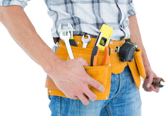 Cropped image of technician with tool belt around waist