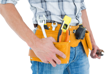 Cropped image of technician with tool belt around waist