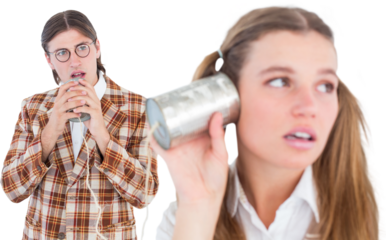 Geeky hipsters using string phone 