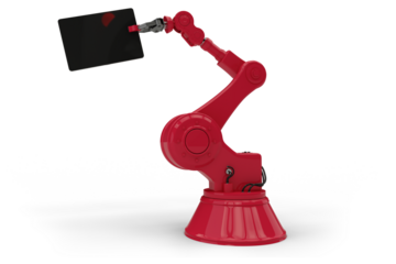 Graphic image of digital tablet held by machine