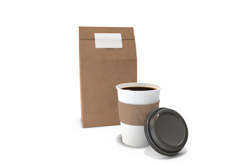 Digital composite image of packet and disposable coffee cup