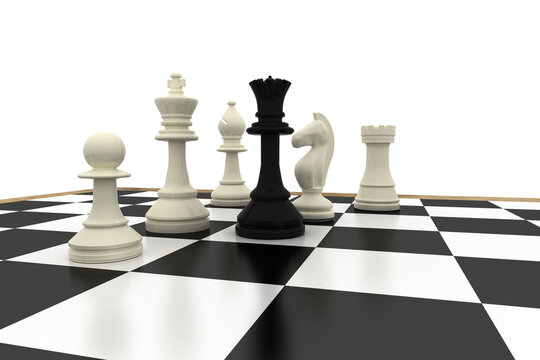 Black queen standing with white chess pieces