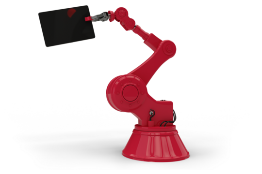 Graphic image of digital tablet held by machine