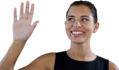 Close up of happy businesswoman touching invisible interface