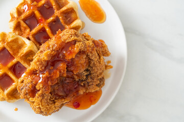 fried chicken with waffle and spicy sauce