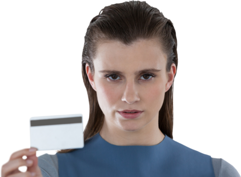 Portrait of serious woman holding credit card - Powered by Adobe