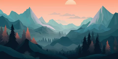 Peel and stick wall murals Salmon A landscape with mountains and a sunset with the sun shining on the horizon. Generative AI
