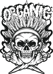 Skull head indian with organic lettering word cannabis leaf illustrations monochrome vector for your work logo, merchandise t-shirt, stickers and label designs, poster, greeting cards, business