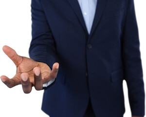 Midsection of businessman showing hands against white background