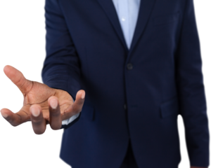 Midsection of businessman showing hands against white background