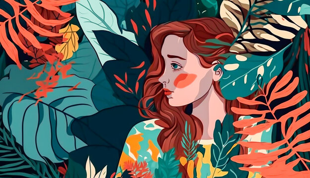 beautiful woman with modern colorful tropical floral pattern. Hand drawn illustration, Generative ai