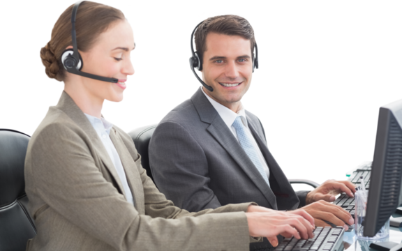 Business people with headsets using computers 