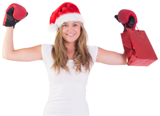 Festive blonde with boxing gloves and shopping bag