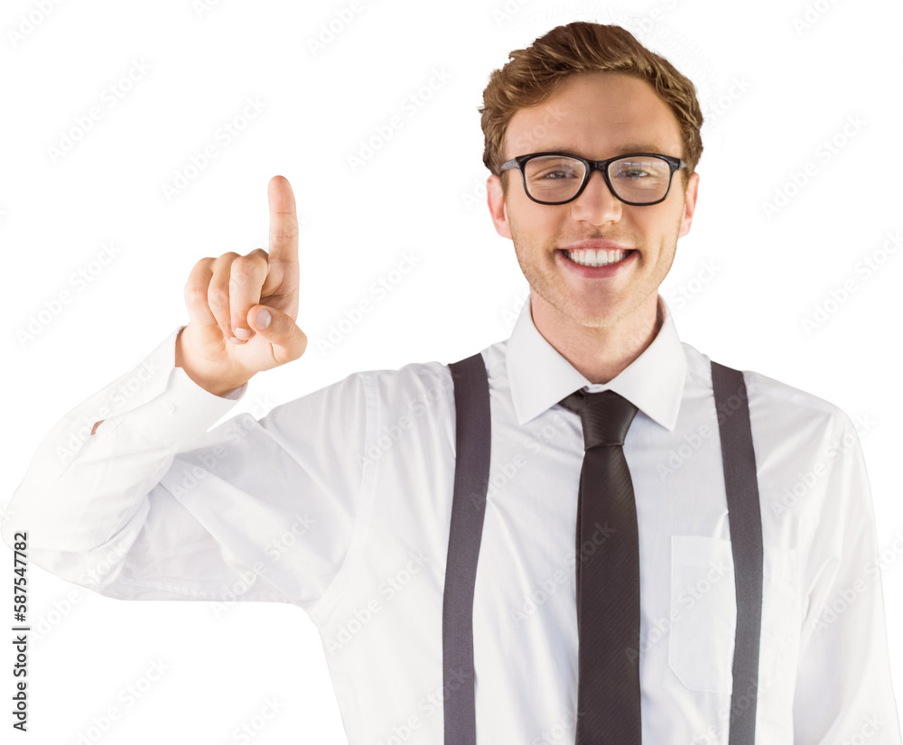 Wall mural Geeky businessman smiling and pointing