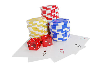 Tilt image of casino tokens with dice and playing cards