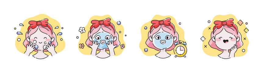 Procedure of Applying Facial Sheet Mask. Skin Care and Hygiene Routine, Cartoon cute vector instructions how to apply beauty face sheet mask. Set of isolated illustrations. 