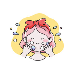 Face wash cleansing cartoon illustration. Girl washing face with water and cleanser. Young woman using cosmetic cleansing gel or facial wash. Vector skin care process isolated concept. 