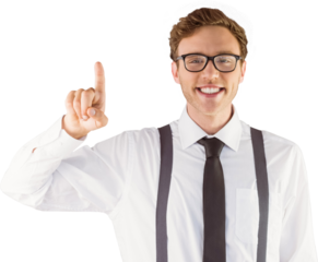 Geeky businessman smiling and pointing