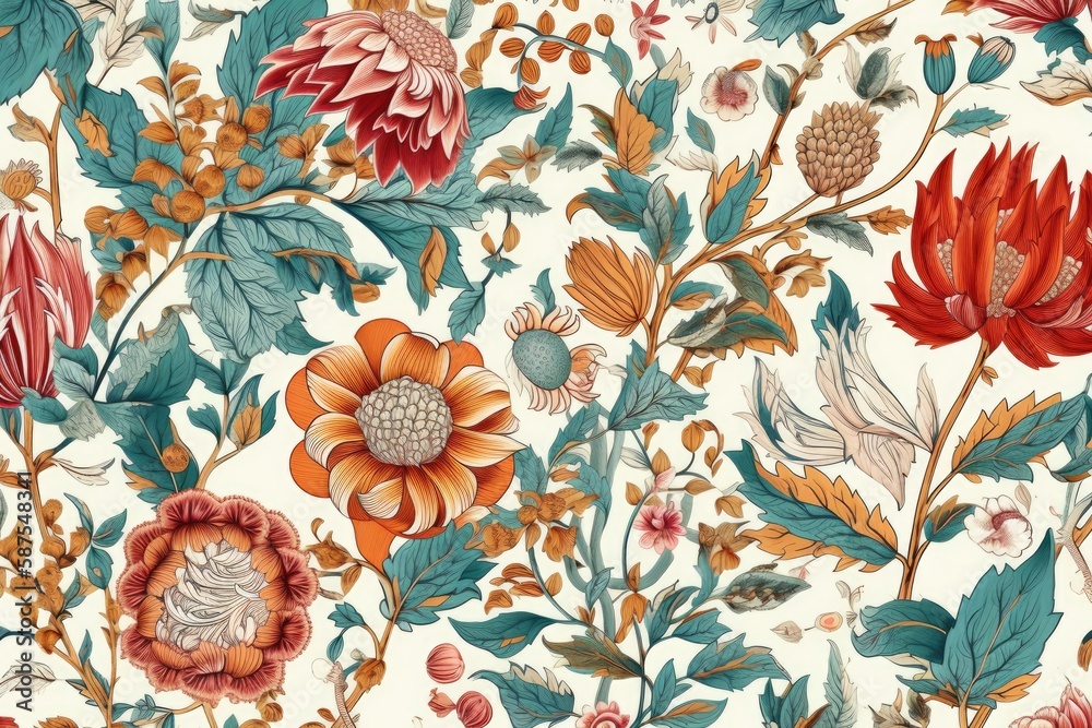 Wall mural colorful floral wallpaper pattern with various flowers and leaves. Generative AI