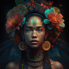 indonesian, ancient, goddess, artistic, muscular, aesthetic, blue, red, gold, brown, ornaments, aura, javanese, dayak, hindu, politheism, ai generative