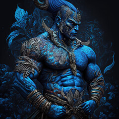 indonesian, ancient, god, artistic, muscular, aesthetic, blue, red, gold, brown, ornaments, aura, javanese, dayak, hindu, politheism, ai generative