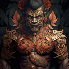 indonesian, ancient, god, artistic, muscular, aesthetic, blue, red, gold, brown, ornaments, aura, javanese, dayak, hindu, politheism, ai generative
