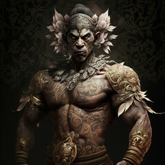 indonesian, ancient, god, artistic, muscular, aesthetic, blue, red, gold, brown, ornaments, aura, javanese, dayak, hindu, politheism, ai generative