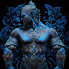 indonesian, ancient, god, artistic, muscular, aesthetic, blue, red, gold, brown, ornaments, aura, javanese, dayak, hindu, politheism, ai generative