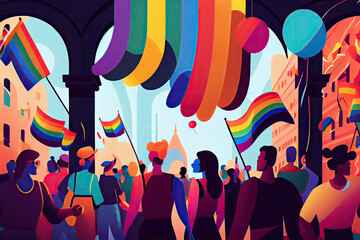 people at an event with colorful balloons and streamers in the background, there is a large rainbow - colored balloon. Generative AI