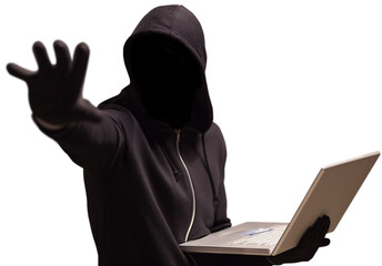 Hacker holding laptop while gesturing
