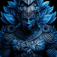 indonesian, ancient, god, artistic, muscular, aesthetic, blue, red, gold, brown, ornaments, aura, javanese, dayak, hindu, politheism, ai generative