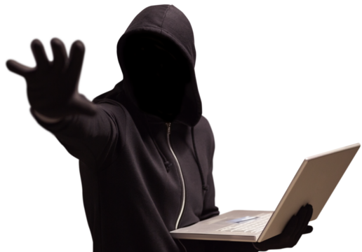 Hacker holding laptop while gesturing