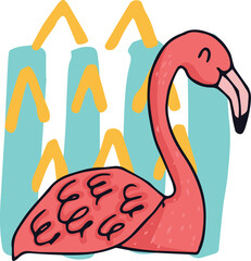 Flamingo with blue and yellow pattern in background