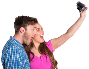 Couple taking selfie with digital camera