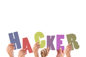 Colorful alphabet spelling hacker held up by people 