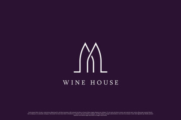 M letter wine house logo design illustration. M letter silhouette abstract line art wine bottle house home bar vine alcohol simple minimalist. M letter wine bottle house concept creative idea design