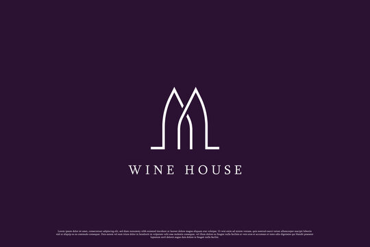 M letter wine house logo design illustration. M letter silhouette abstract line art wine bottle house home bar vine alcohol simple minimalist. M letter wine bottle house concept creative idea design