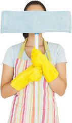 Young woman hiding behind mop 