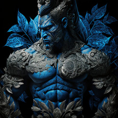 indonesian, ancient, goddess, artistic, muscular, aesthetic, blue, red, gold, brown, ornaments, aura, javanese, hindu, politheism, ai generative