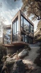 Fototapeta na wymiar 2-Story concrete house on a mountain hill surrounded by greenery Generative AI