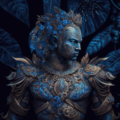 indonesian, ancient, goddess, artistic, muscular, aesthetic, blue, red, gold, brown, ornaments, aura, javanese, hindu, politheism, ai generative