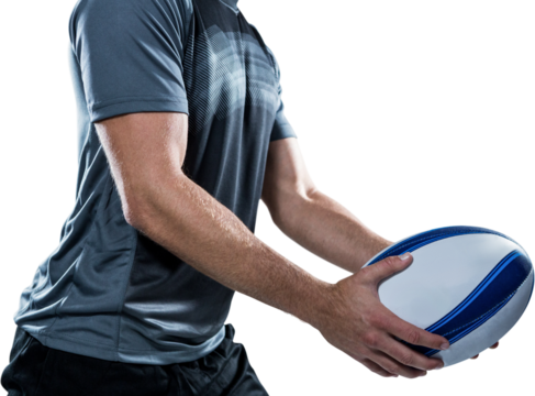 Midsection of rugby player in black jersey holding ball