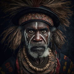 indonesian, ancient, goddess, artistic, muscular, aesthetic, blue, red, gold, brown, ornaments, aura, asmat, papua, politheism, ai generative