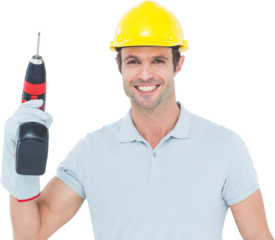 Confident carpenter holding cordless drill machine